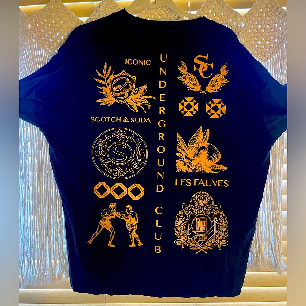 Long Sleeve Scotch & Soda box fit shirt in Black with gold designs in Size Large